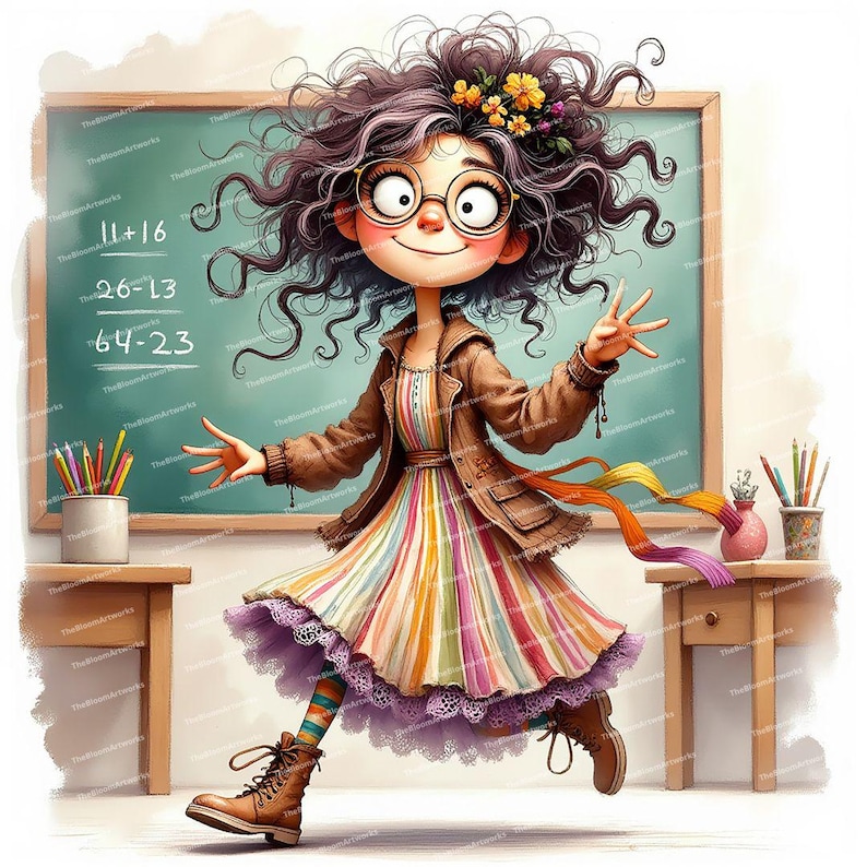 Pode incluir: Uma ilustra&ccedil;&atilde;o de desenho animado de uma professora com cabelo castanho encaracolado usando uma jaqueta marrom, um vestido listrado colorido e &oacute;culos. Ela est&aacute; em p&eacute; na frente de um quadro-negro com problemas de matem&aacute;tica escritos nele. H&aacute; l&aacute;pis e um vaso com flores em uma mesa no fundo.