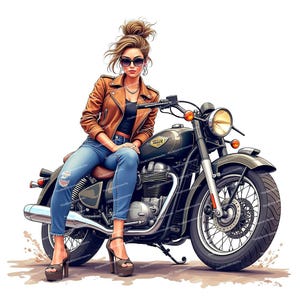 May include: A woman wearing a brown leather jacket, blue jeans, and sunglasses sits on a black and green motorcycle. The motorcycle has a chrome exhaust pipe and a chrome headlight.