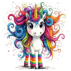 May include: A colorful unicorn with a rainbow mane and tail, wearing striped socks. The unicorn has a gold horn and blue eyes. The background is white with colorful confetti.