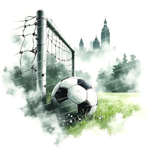 May include: A black and white soccer ball sits in front of a goal net with a city skyline in the background. The scene is painted in a watercolor style with a hazy, foggy effect.