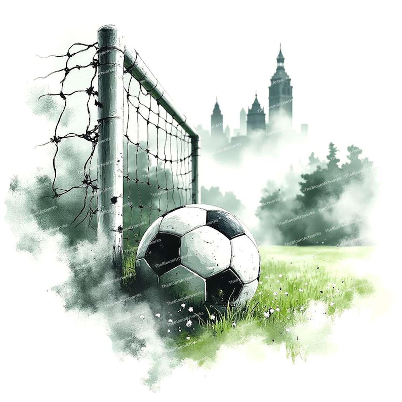 May include: A black and white soccer ball sits in front of a goal net with a city skyline in the background. The scene is painted in a watercolor style with a hazy, foggy effect.