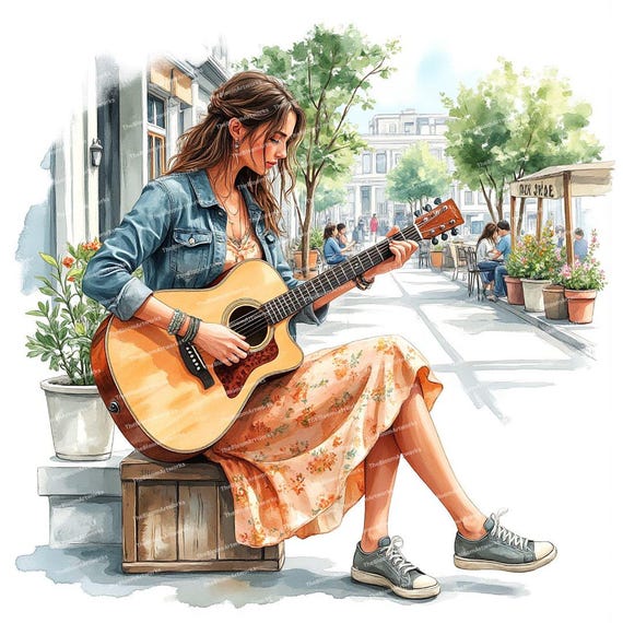 11 Watercolor Musician Clipart, Guitar Girl Clipart, Acoustic