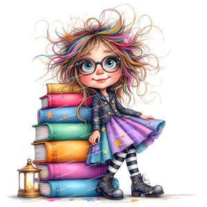 12 imágenes prediseñadas de chicas estudiosas, imágenes prediseñadas de ratones de biblioteca, chicas peculiares, chicas nerd, PNG de alta calidad para crear tarjetas, álbumes de recortes y diarios basura.