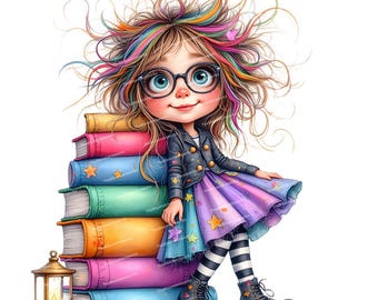 12 Whimsical Bookish Girl Clipart, Bookworm Clipart, Quirky Girl, Nerdy Girl, High Quality PNGs for Junk Journaling Scrapbooking Card Making