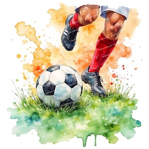 Puede incluir: Una pintura de acuarela de un jugador de f&uacute;tbol pateando un bal&oacute;n de f&uacute;tbol. El jugador lleva calcetines rojos, pantalones cortos blancos y tacos negros. El bal&oacute;n es blanco con paneles negros. El fondo es una acuarela de amarillo, naranja y verde.