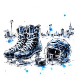 Könnte beinhalten: Eine Aquarell-Illustration von Hockeyausrüstung, darunter ein Paar blaue Eislaufschuhe, ein Hockeypuck und ein blau-weißer Hockeyhelm. Der Hintergrund zeigt eine Stadtlandschaft.