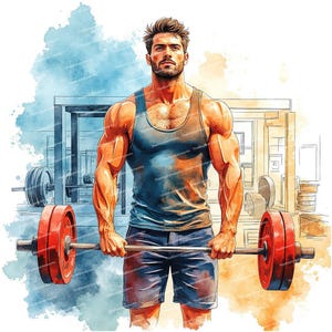 Könnte beinhalten: Eine muskulöse Person in einem Fitnessstudio hebt eine Langhantel mit roten Gewichtsplatten. Die Person trägt ein blaues Tanktop und blaue Shorts. Der Hintergrund ist ein Aquarellbild eines Fitnessstudios.