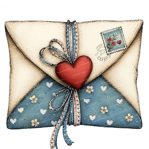 May include: A cream-colored envelope with a blue triangular flap featuring a white floral and heart pattern. A red heart sits at the center, tied with a blue and white striped ribbon. A postage stamp with red flowers and a heart is in the corner.
