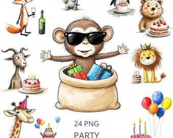 24 Whimsical Party Animals, Funny Birthday Animals, High Quality JPGs, Clip Art for Junk Journals Cards Invites, Digital Download