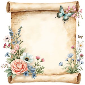 12 Bloemenrol-clipart, vintage rol, antiek rolpapier, hoogwaardige PNG/JPG's, kaarten maken, papierknutselen, benodigdheden voor rommeljournalistiek