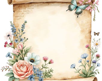12 Floral Scroll Clipart, Vintage Scroll, Antique Scroll Paper, High Quality PNG/JPGs, Card Making, Paper Craft, Junk Journal Supplies