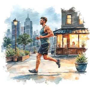 12 imágenes prediseñadas de hombre corriendo en acuarela, ilustración de corredor masculino, silueta corriendo, imágenes prediseñadas de trote, corredor de maratón, archivos JPG de alta calidad