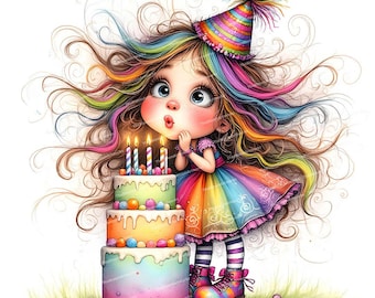 12 Whimsical Birthday Girl Clipart, Birthday Cake Clipart, Quirky Girl, Funny Birthday Card, High Quality JPGs, Scrapbooking, DIY Cards