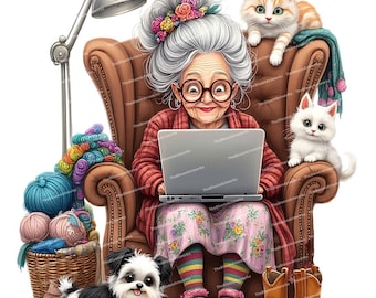 May include: Illustration of an elderly woman with gray hair and glasses using a laptop while seated in a brown armchair. A small dog, two kittens, and a basket of yarn are also in the image. The woman is wearing a red sweater and floral print pants.