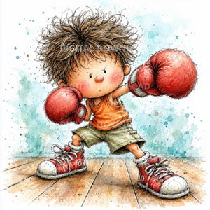 May include: A watercolor illustration of a child with messy brown hair wearing an orange tank top, green shorts, and red boxing gloves. The child is in a boxing stance, wearing red and white sneakers, set against a light blue background.