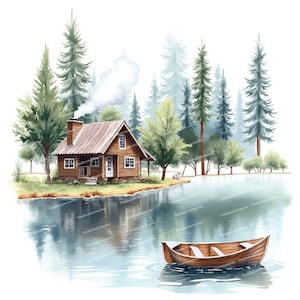 12 cliparts de cabane en bois confortable, clipart de lac, illustration de cabane, impression de chalet, JPG de haute qualité, téléchargement numérique, fabrication de cartes, journal indésirable