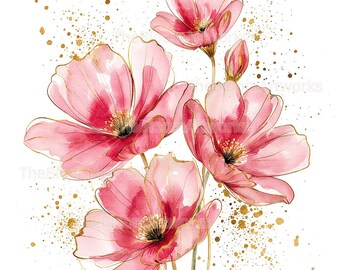 水彩画の花のクリップアート12点、ピンクゴールドの花、花のイラスト