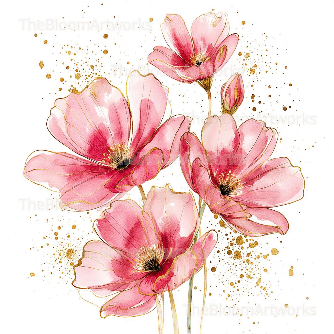 水彩画の花のクリップアート12点、ピンクゴールドの花、花のイラスト