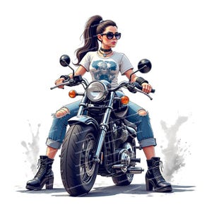 May include: A woman wearing sunglasses and a white t-shirt with a graphic print sits on a black motorcycle. She is wearing blue jeans with rips and black boots.