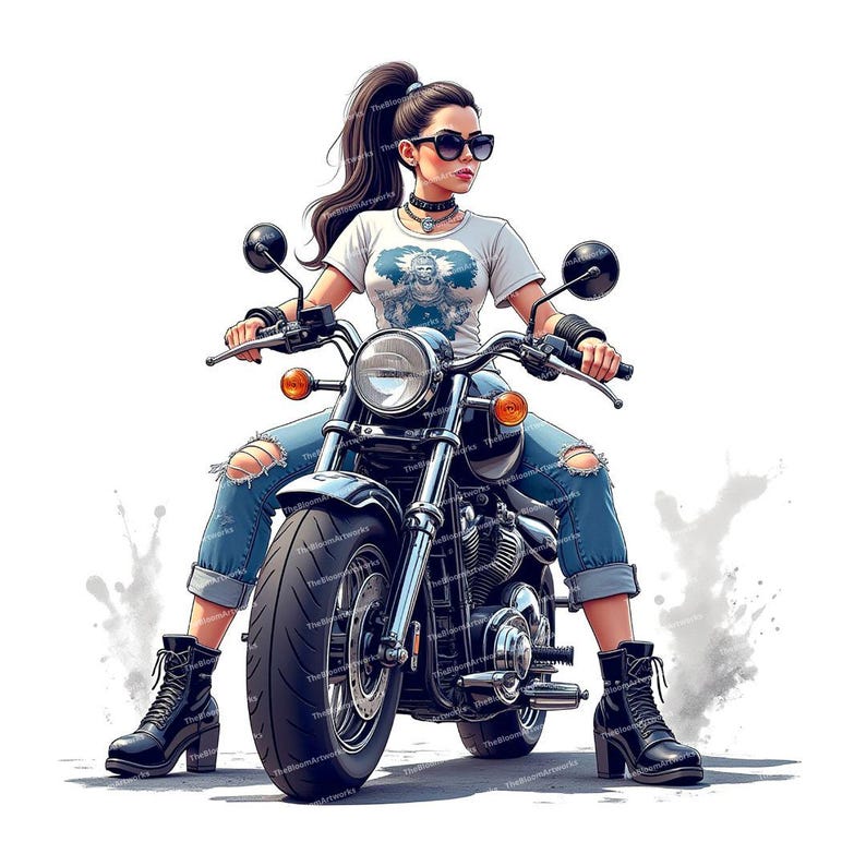 May include: A woman wearing sunglasses and a white t-shirt with a graphic print sits on a black motorcycle. She is wearing blue jeans with rips and black boots.