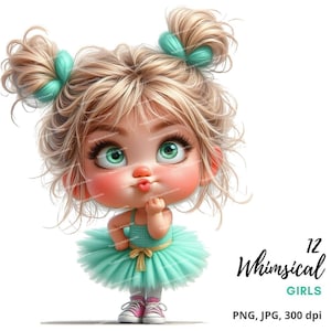 12 Whimsical Girl Clipart, Cute Cartoon Girl, Baby Girl Art, Nursery Decor, High Quality JPG/PNGs for Junk Journals Scrapbooking Card Making