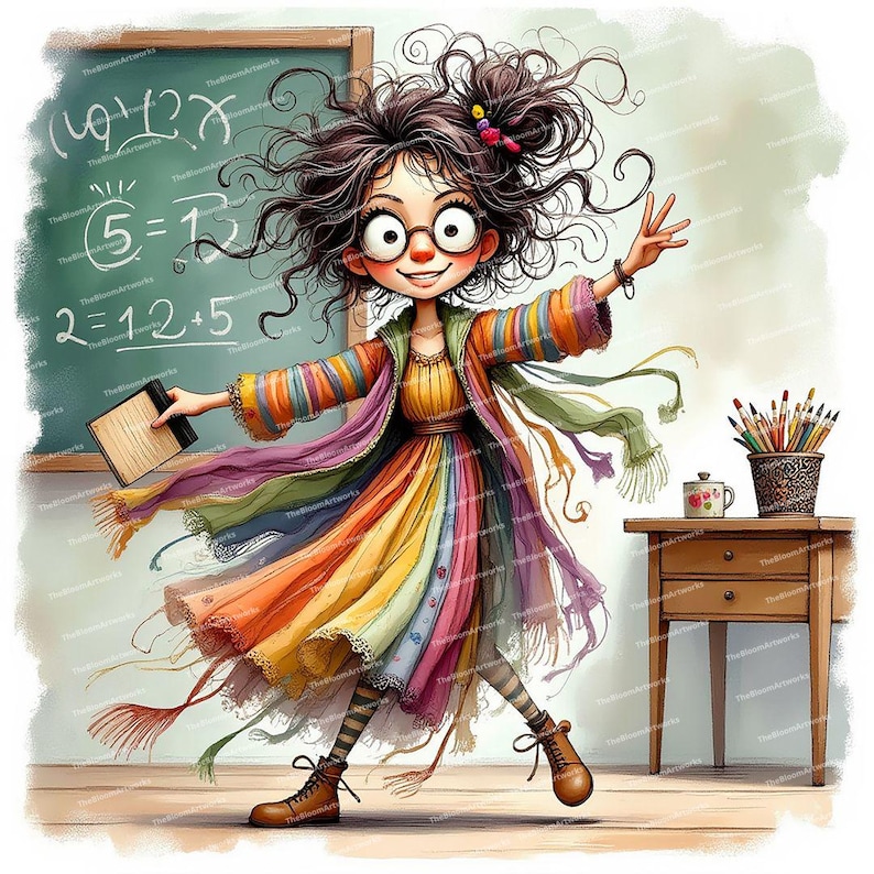 Pode incluir: Uma ilustra&ccedil;&atilde;o de desenho animado de uma mulher vestindo um vestido colorido e uma jaqueta listrada. Ela est&aacute; segurando um livro e sorrindo. O fundo &eacute; um quadro-negro com equa&ccedil;&otilde;es matem&aacute;ticas escritas nele.