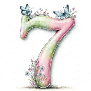 May include: A whimsical illustration of the number seven, rendered in a gradient of pink and green. Two blue butterflies perch atop the number, which is adorned with small flowers and greenery, creating a charming, nature-inspired design.