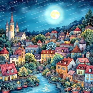 Könnte beinhalten: Ein Aquarellgemälde eines kleinen Dorfes bei Nacht mit einem Vollmond am Himmel. Das Dorf liegt eingebettet in einem Tal mit einem Fluss, der durch ihn fließt. Die Häuser sind bunt und haben blinkende Lichter in den Fenstern. Die Bäume sind üppig und grün, und der Himmel ist tiefblau.