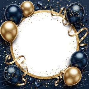 Op de afbeelding: Een feestelijk ontwerp met een goudkleurige cirkel met glitterrand en een wit midden, omringd door marineblauwe en gouden ballonnen, gouden linten en gouden confetti op een marineblauwe achtergrond. The Bloom Artworks staat op de ballonnen.