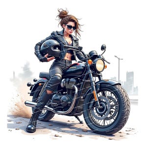 May include: A woman wearing a black leather jacket and sunglasses sits on a black motorcycle. The motorcycle has a black helmet on the seat and a black and red tank with the word "Royal" on it.