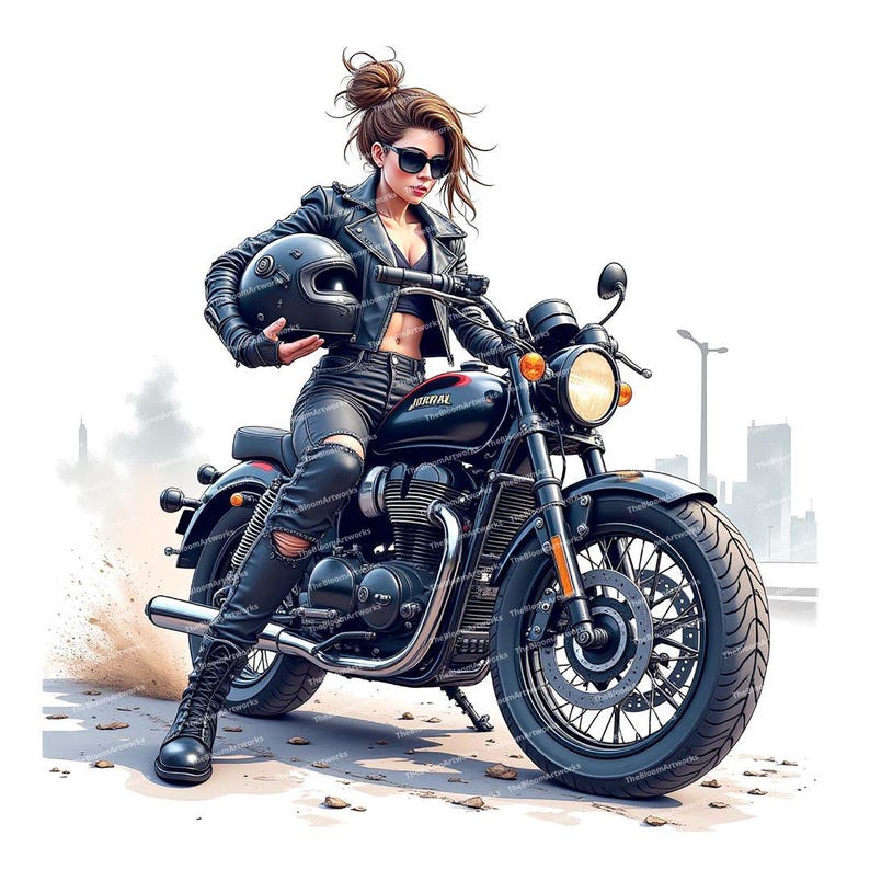 May include: A woman wearing a black leather jacket and sunglasses sits on a black motorcycle. The motorcycle has a black helmet on the seat and a black and red tank with the word "Royal" on it.