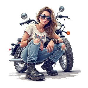 May include: A woman wearing ripped jeans and black boots sits on a black motorcycle. She is wearing a white t-shirt with a graphic design and sunglasses.