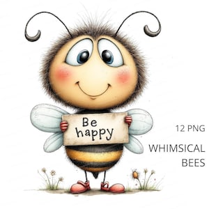 Whimsical Bee Clipart, Adorable Bee Character, Love & Happy Bee Illustration, 12 PNG, Greeting Card Design, Digital Download