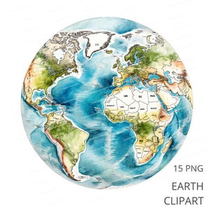 Könnte beinhalten: Aquarell-Illustration der Erde mit Kontinenten in Grün und Braun, Ozeanen in Blau. Das Bild enthält den Text "15 PNG EARTH CLIPART". Der Globus ist vor einem weißen Hintergrund.