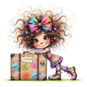 Puede incluir: Ilustración caprichosa de una niña sonriente con cabello castaño rizado y un gran lazo colorido. Se apoya en una maleta vintage adornada con pegatinas de viaje. Su atuendo incluye un vestido arcoíris, leggings a rayas y botas a juego.