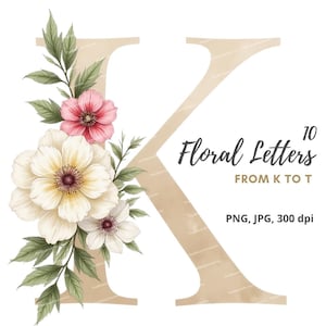 10 letras de acuarela de la K a la T, clipart del alfabeto, letras de monograma floral, PNG/JPG de alta calidad, invitaciones para álbumes de recortes y revistas basura