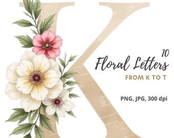 10 Watercolor Letters from K to T, Alphabet Clipart, Floral Monogram Letters, High Quality PNGs/JPG, Junk Journals Scrapbooking Invitations