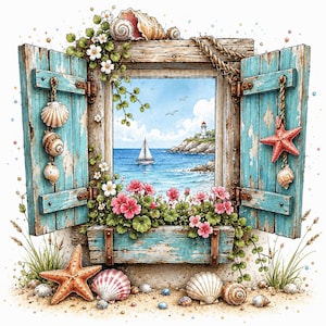 Puede incluir: Un marco de ventana de madera rústica con contraventanas de color azul cerceta desgastado, adornado con conchas y flores rosas. La vista muestra un velero en el océano azul cerca de un faro. Debajo hay una jardinera con flores rosas.