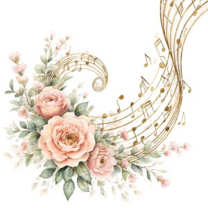 Può includere: Illustrazione ad acquerello con rose color pesca e delicati fiori rosa con foglie verdi. Note musicali e linee di pentagramma dorate si avvolgono attorno alla composizione floreale, creando un design armonioso su sfondo bianco.