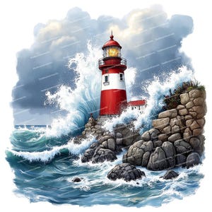12 aquarel vuurtoren clipart, stormachtige zee kunst, stormachtige vuurtoren, hoge kwaliteit PNG, sublimatie ontwerp, clipart voor kaarten en uitnodigingen