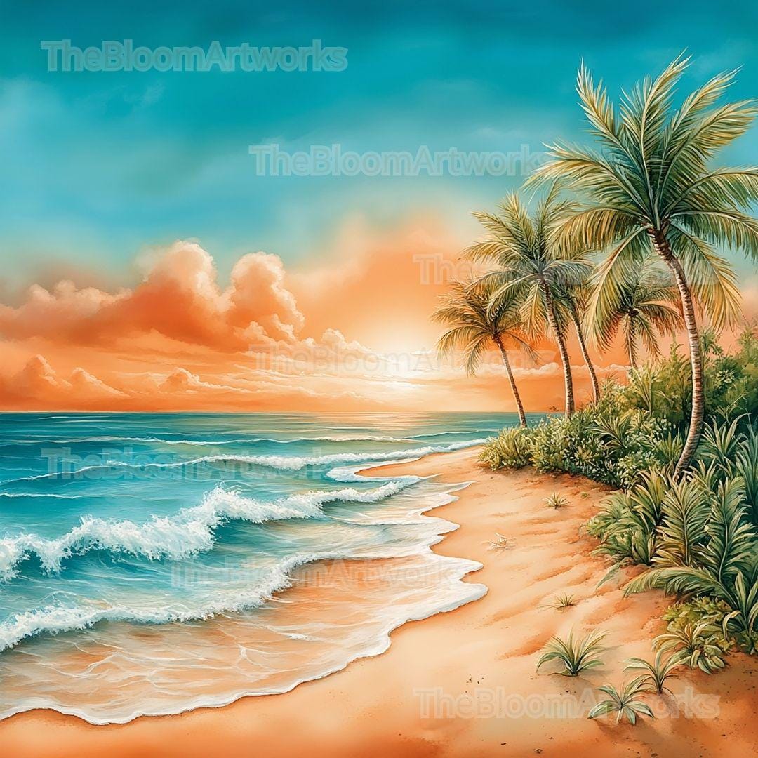 12 Summer Beach Clipart, Tropical Sunset Illustration, Beach Clip Art ...