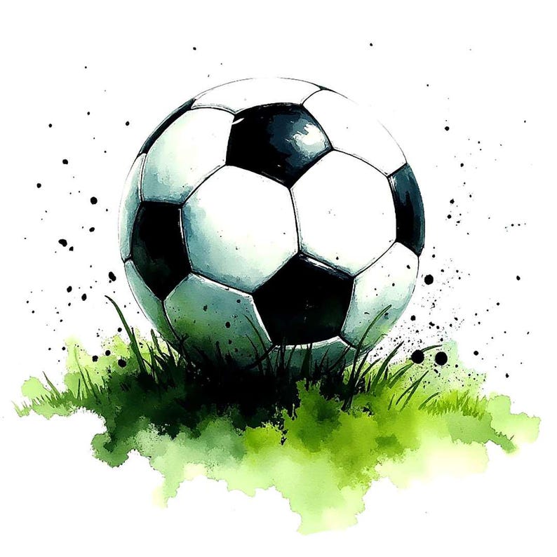 May include: A black and white soccer ball with a watercolor effect, sitting on a bed of green grass with a white background.