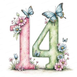 May include: Watercolor illustration of the number 14, decorated with flowers and butterflies. The number 1 is pink, and the number 4 is green. Butterflies perch on top of the numbers, and flowers surround the base.