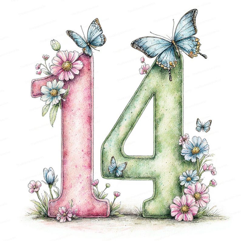 May include: Watercolor illustration of the number 14, decorated with flowers and butterflies. The number 1 is pink, and the number 4 is green. Butterflies perch on top of the numbers, and flowers surround the base.