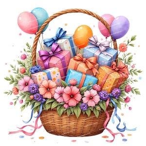 12 cliparts de paniers cadeaux, jolie illustration de coffret cadeau, cadeaux colorés, art de célébration lumineux, décoration d'anniversaire, PNG/JPG haute qualité