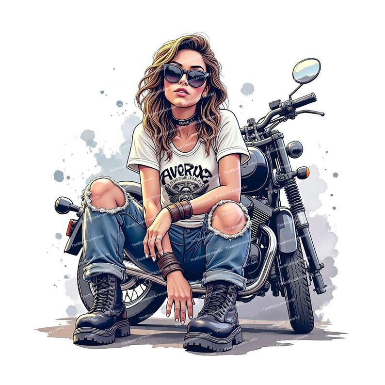 May include: A woman wearing sunglasses and a white t-shirt with the text "AVOCADO" and a motorcycle graphic sits on a black motorcycle. She is wearing blue jeans with rips in the knees and black boots.