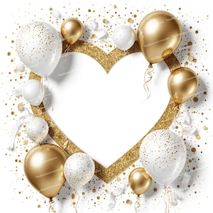 Geburtstagsrahmen-Cliparts – 12 JPGs, Weiß-goldener Ballonrahmen, eleganter Einladungsrahmen, Partyvorlage, Kartenbasteln, digitaler Download
