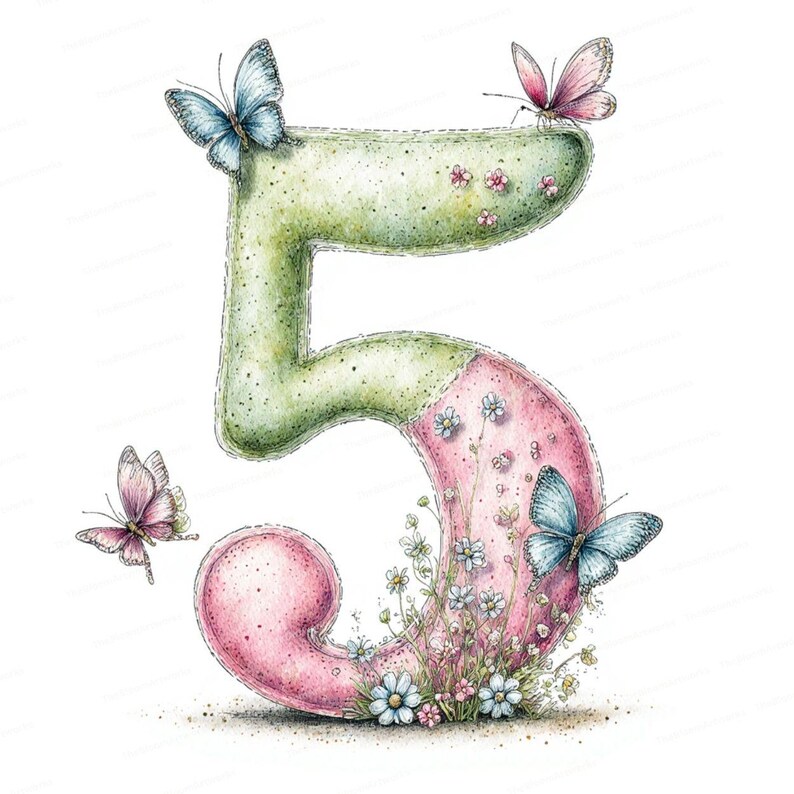May include: A watercolor illustration of the number 5, half green and half pink, decorated with butterflies and flowers. The number is textured and appears to be made of fabric. Several butterflies of different colors are scattered around the number.