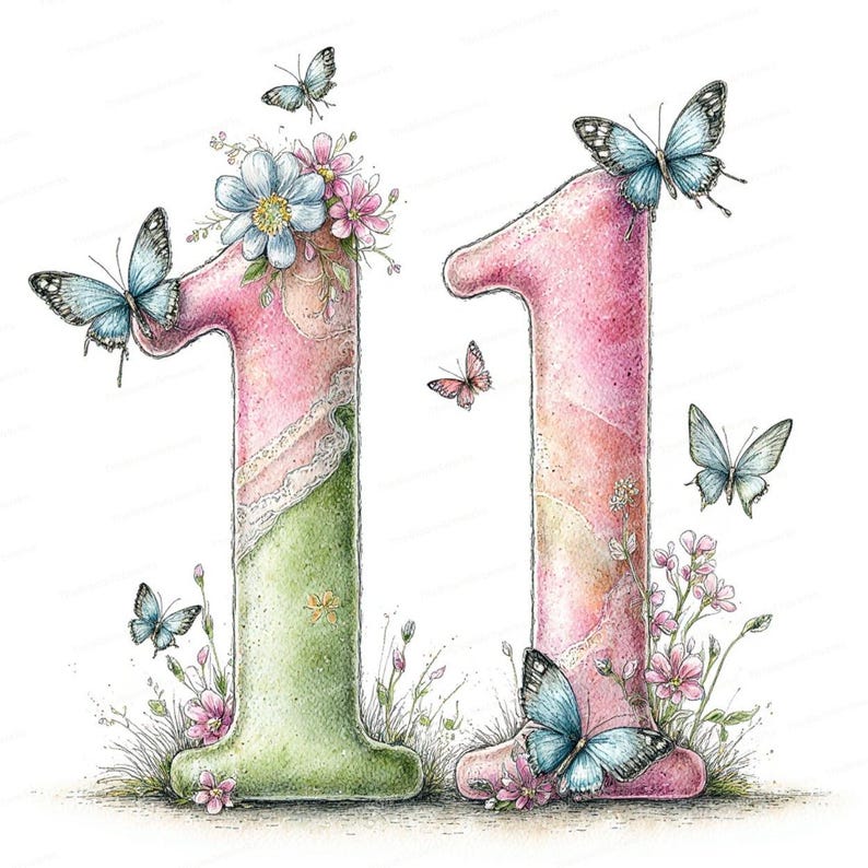 May include: Watercolor illustration of the number 11, decorated with butterflies and flowers. The left number is green and pink, with a lace accent. The right number is pink. Butterflies in shades of blue and pink are scattered around the numbers.
