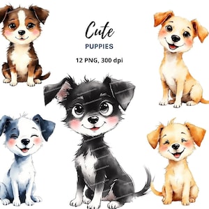 12 Cute Puppy Clipart, Watercolor Baby Dog, Cartoon Puppy Sublimation, High Quality PNGs, Sublimation Design, Clip Art for Cards, Invites